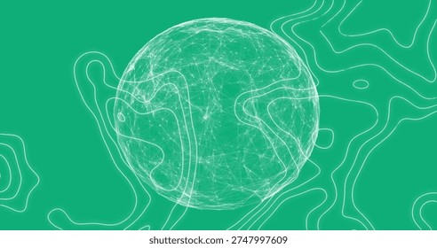 Displaying central wireframe sphere floating on teal field, revealing white contour lines and nodes. Abstract, network, mesh, depth, symmetry, geometry, minimalist - Powered by Shutterstock - Get 15% off with code: PIKWIZARD15