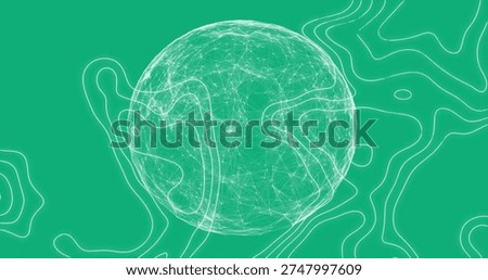 Displaying central wireframe sphere floating on teal field, revealing white contour lines and nodes. Abstract, network, mesh, depth, symmetry, geometry, minimalist