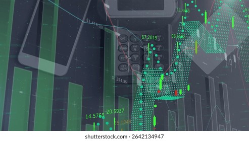 Displaying chart on office desktop with smartphone, calculator keypad and candlestick data overlays. Financial analysis, data visualization, digital interface, investment, analytics, business