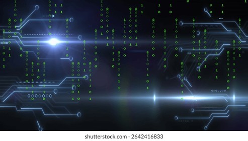 Displaying circuit traces merging with falling green binary digits on digital display, lens flares. Technology, cybersecurity, innovation, data visualization, futuristic, network, digital interface