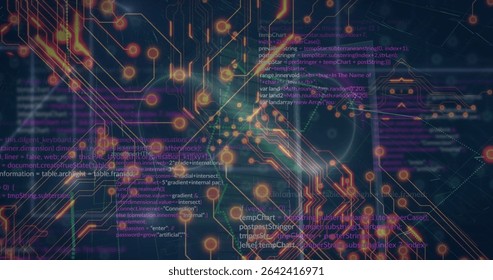 Displaying circuit-and-code visualization in grid space, with copper traces, glowing nodes and code. Technology, innovation, cyber, futurism, data, digital, network
