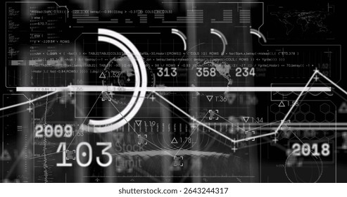 Displaying circular chart in HUD overlay, showing rising line graph, numeric labels and hex grid. Data visualization, futuristic, infographic, digital interface, technology, analytics, dashboard