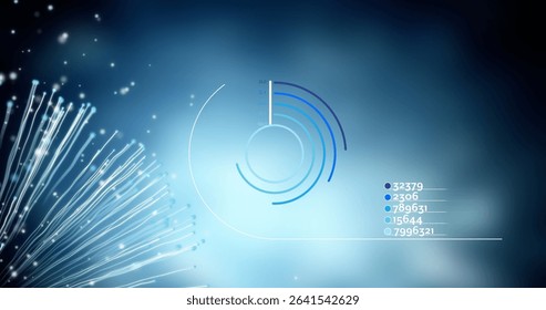 Displaying circular chart streaming color-coded data points at digital interface, with fiber cables. Futuristic, technology, interface, data, visualization, holographic, digital