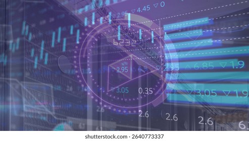 Displaying circular dashboard overlaying server racks, with candlestick, bar graphs in data center. Technology, innovation, data, analytics, digital, security, network