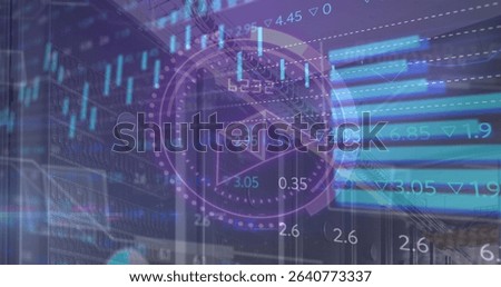 Displaying circular dashboard overlaying server racks, with candlestick, bar graphs in data center. Technology, innovation, data, analytics, digital, security, network