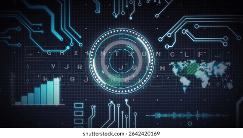 Displaying circular display spinning in panel, with bar chart and world map on grid background. Futuristic, technology, interface, digital, cyber, data, visualization