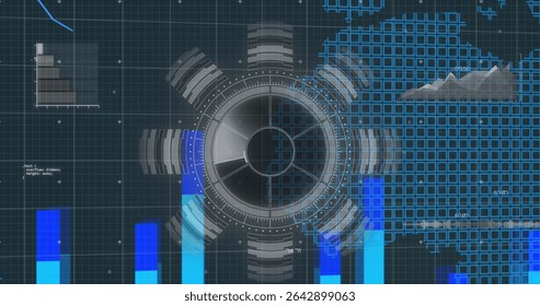 Displaying circular HUD element rotating on dashboard, with blue bar, line graphs, data labels. Technology, data visualization, user interface, futuristic, analytics, digital environment, information