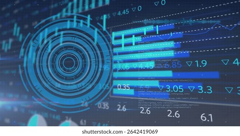 Displaying circular HUD interface graphic over grid backdrop, with bar charts and code overlays. Futuristic, digital, interface, data, analytics, technology, cyberspace
