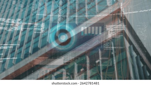 Displaying circular HUD interface merging high-rise exterior with data rack, bar charts and code. Futuristic, technology, urban, digital, data, network, innovation