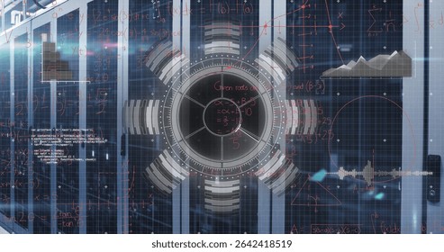 Displaying circular HUD interface overlaying server rack rows with red equations, code snippets. Technology, cybersecurity, data, analytics, innovation, digital, futurism - Powered by Shutterstock - Get 15% off with code: PIKWIZARD15