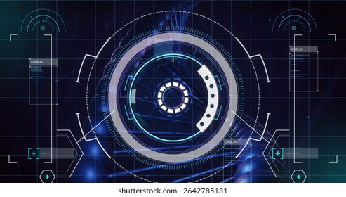 Displaying circular HUD on display featuring rings, arcs, grid and status panels reading 50 and 60. Futuristic, holographic, digital, interface, neon, tech, immersive