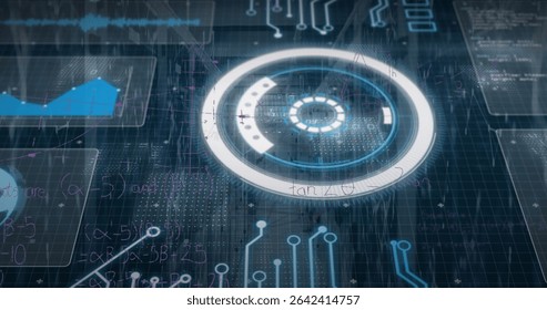 Displaying circular HUD on interface, showing graphs, waveforms, formulas, circuit and binary data. Futuristic, digital, hi-tech, interface, technology, data visualization, cyber