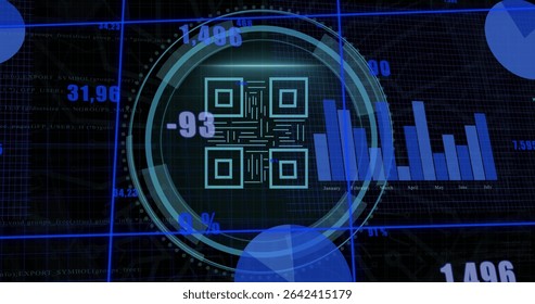 Displaying circular HUD on virtual dashboard with QR code and numeric overlays, with bar chart. Futuristic, technology, data, analytics, interface, digital, innovation