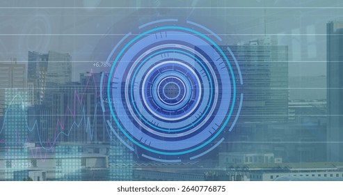 Displaying circular HUD overlaying city rooftop, with teal and magenta lines and percentage labels. Futuristic, urban, technology, data, digital, interface, skyscraper - Powered by Shutterstock - Get 15% off with code: PIKWIZARD15