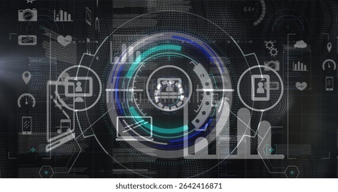 Displaying circular HUD showing avatar, laptop and phone icons on virtual network, with circuits. Futuristic, interface, technology, data, visualization, network, digital