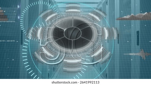 Displaying circular HUD showing rings bars cyan targeting reticle server racks in data center. Futuristic, technology, interface, visualization, digital, cybersecurity, data