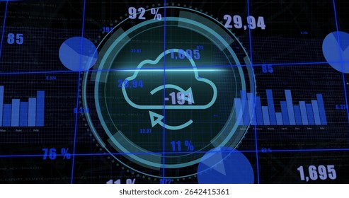 Displaying circular infographic with cloud icon and arrow on computer screen, with bar charts. Dashboard, data visualization, analytics, technology, business intelligence, modern, sleek