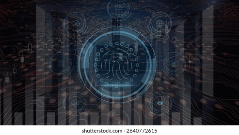 Displaying circular interface featuring fingerprint icon at digital hub showing rings, bars, traces. Futuristic, technology, digital, interface, data, security, visualization - Powered by Shutterstock - Get 15% off with code: PIKWIZARD15