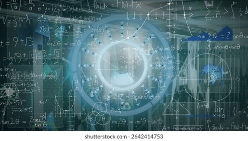 Displaying circular interface projecting math and physics formulas at lab with server racks and HUD. Futuristic, data, visualization, technology, information, digital, analytical - Powered by Shutterstock - Get 15% off with code: PIKWIZARD15