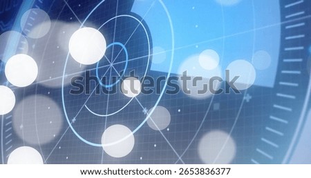 Displaying circular radar interface rotating over dark grid on screen, with glowing orbs and bokeh. Futuristic, technology, interface, neon, digital, abstract, visualization