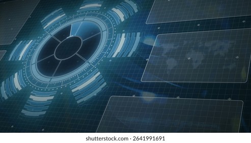 Displaying circular radial interface projecting data rings on grid with panels, world map overlay. Futuristic, digital, holographic, technology, abstract, data visualization, interactive