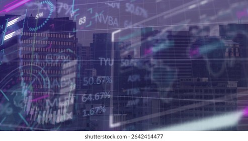 Displaying city skyline showing neon data overlays at urban business district, with HUD elements. Metropolitan, data visualization, futuristic, analytics, technology, corporate, innovation - Powered by Shutterstock - Get 15% off with code: PIKWIZARD15
