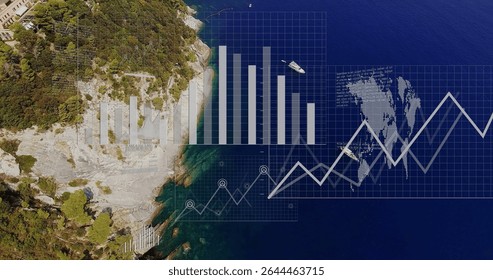 Displaying cliffs with foliage on coastline, with grid overlays, data visuals and yacht copy space. Coastal, seascape, data visualization, analytics, oceanic, aerial, rugged terrain