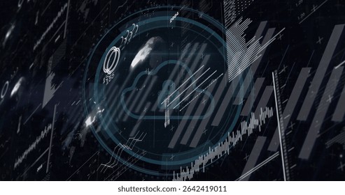 Displaying cloud icon pulsing on holographic interface, with bar graphs, world map outlines. Futuristic, digital, technology, data, interface, analytics, abstract