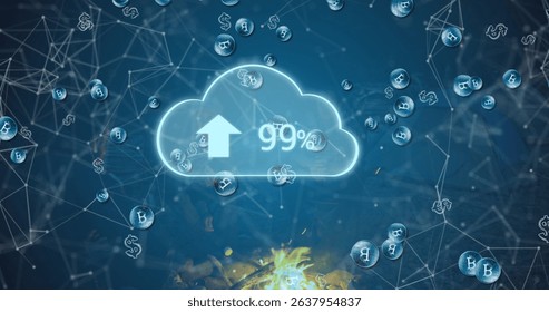 Displaying cloud upload icon in digital network with nodes and currency symbols. futuristic, technology, innovation, digital, connectivity, financial, virtual