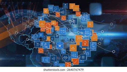 Displaying cluster of cloud, envelope and rocket icons over world map backdrop, showing data flow. Technology, connectivity, innovation, cyberspace, digital, networking, data
