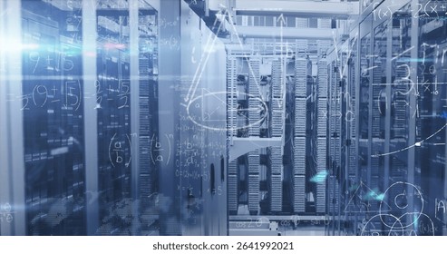 Displaying cluster of server racks processing data in data center aisle, with blinking LEDs. Technology, connectivity, data architecture, infrastructure, digital network, industrial, futuristic