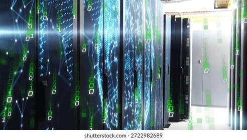 Displaying cluster of server racks streaming blue graphics in data center corridor, with LED panels. Neon, cyber, glow, binary, circuitry, automation, industrial