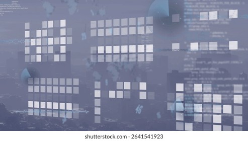 Displaying cluster of translucent grid panels overlaying blurred dusk skyline, with code and charts. Abstract, futurism, technology, data, interface, digital, visualization