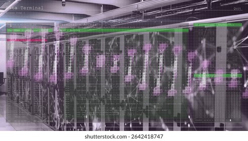 Displaying code overlay across server racks lining data center aisle, with glowing status lights. Technology, data, infrastructure, digital, cybersecurity, connectivity, networking