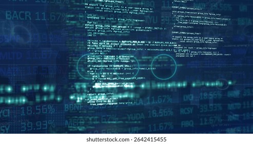 Displaying code panel streaming across trading screen, showing ticker strings and circular overlays. Futuristic, data visualization, technology, cyber, digital, analytical, ui design