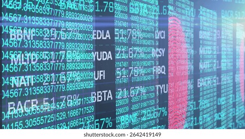 Displaying code panels streaming data on dashboard, with rising bar graph featuring red fingerprint. Technology, cybersecurity, analytics, digital, innovation, futuristic, data visualization