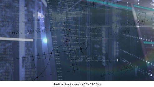 Displaying code snippets and math formulas overlaying server racks at data center with lens flare. Technology, data, analytics, cybersecurity, modern, abstract, innovation