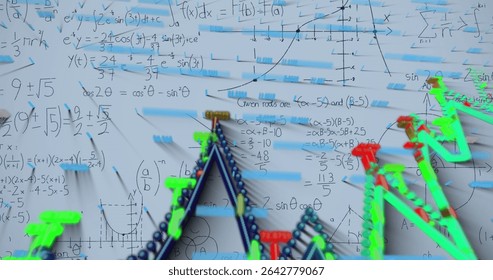Displaying colored 3D network with handwritten equations on white backdrop with floating blue bars. Technology, innovation, data visualization, scientific, digital, futuristic, abstract