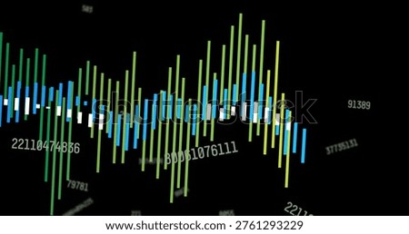 Displaying colored vertical bars pulsing on dark display with thin white baseline, floating digits. Bargraph, candlestick, timeseries, neon, glow, data, visualization