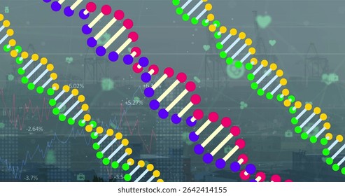 Displaying colorful DNA helices weaving across city skyline, with line charts and icons. Biotech, urban, data, visualization, innovation, technology, analytics - Powered by Shutterstock - Get 15% off with code: PIKWIZARD15
