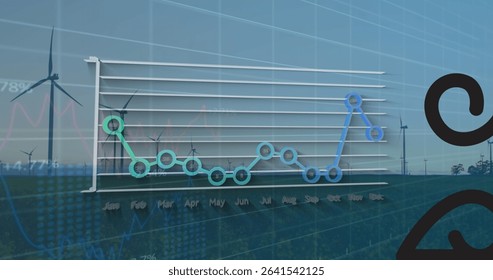 Displaying composite 3D line graph overlaying wind turbine farm, with colored monthly data nodes. Renewable, sustainability, technology, data visualization, environmental, clean energy, digital