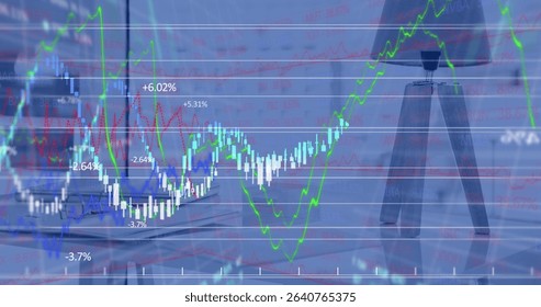 Displaying composite financial data chart at wooden desk beside window, with laptop and coffee mug. Finance, data analysis, business, technology, productivity, analytics, market trends