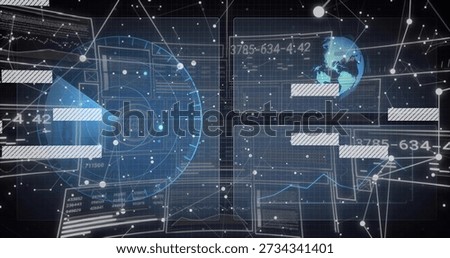 Displaying composite HUD interface over gridded plane, showing radar, globe, panels, network. Visualization, futurism, dashboard, blueprint, analytics, continents, grid
