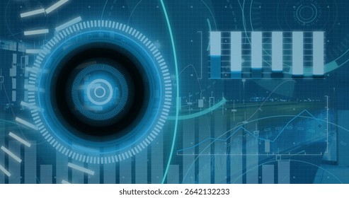 Displaying concentric circle HUD rotating over blue grid, with small radial gauges, copy space. Futuristic, digital, interface, holographic, data, visualization, technology