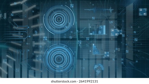 Displaying concentric HUD targets hovering over grid overlay, with floating data nodes. Technology, data, visualization, analytics, interface, futuristic, digital