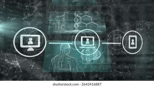 Displaying connected device icons linking user profiles on medical network, with DNA helix visuals. Technology, connectivity, healthcare, digital, futuristic, cyber, data - Powered by Shutterstock - Get 15% off with code: PIKWIZARD15