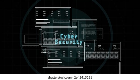 Displaying console windows overlapping dark grid interface, glowing Cyber keyboard graphic. Futuristic, technology, interface, digital, cybersecurity, data visualization, abstract