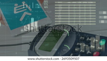 Displaying contactless card reader with cable connecting smartphone chart at desk, keypad overlays. Payment, technology, data, finance, digital, commercial, analytics