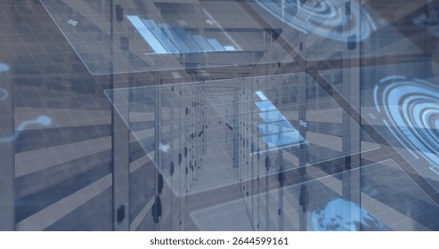 Displaying corridor with tunnel view at network hub, featuring server racks and translucent panels. Futuristic, digital, abstract, technology, data, visualization, cybersecurity