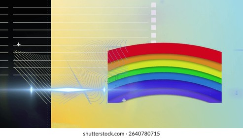 Displaying curved rainbow prism band on digital screen, with white guide lines and lens flare. Abstract, digital, vibrant, geometric, futuristic, technology, interface